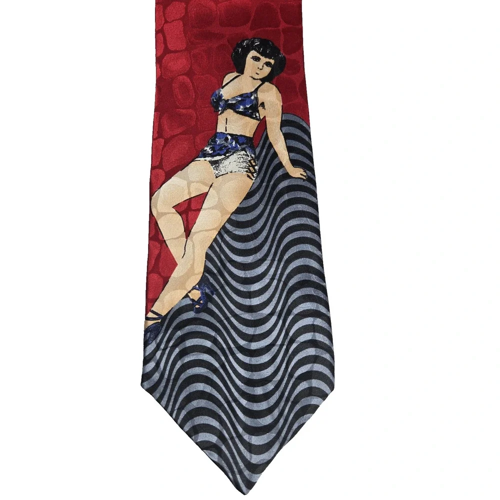 Casa America Mens Silk Tie Pin Up Girl Art Blue Wavy Line Novelty Vintage NWT